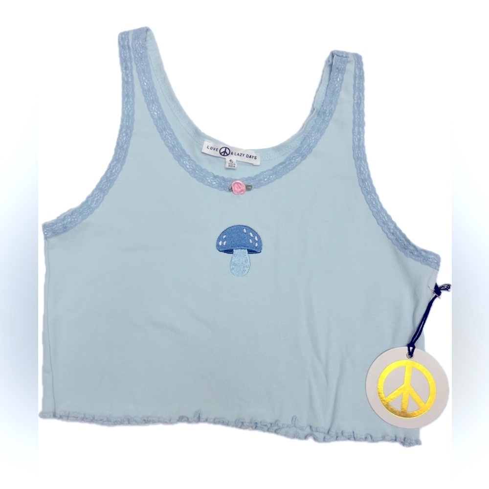 NWT 🩵🍄💙 Love Peace and lazy days blue crop top mushroom - Picture 4 of 10